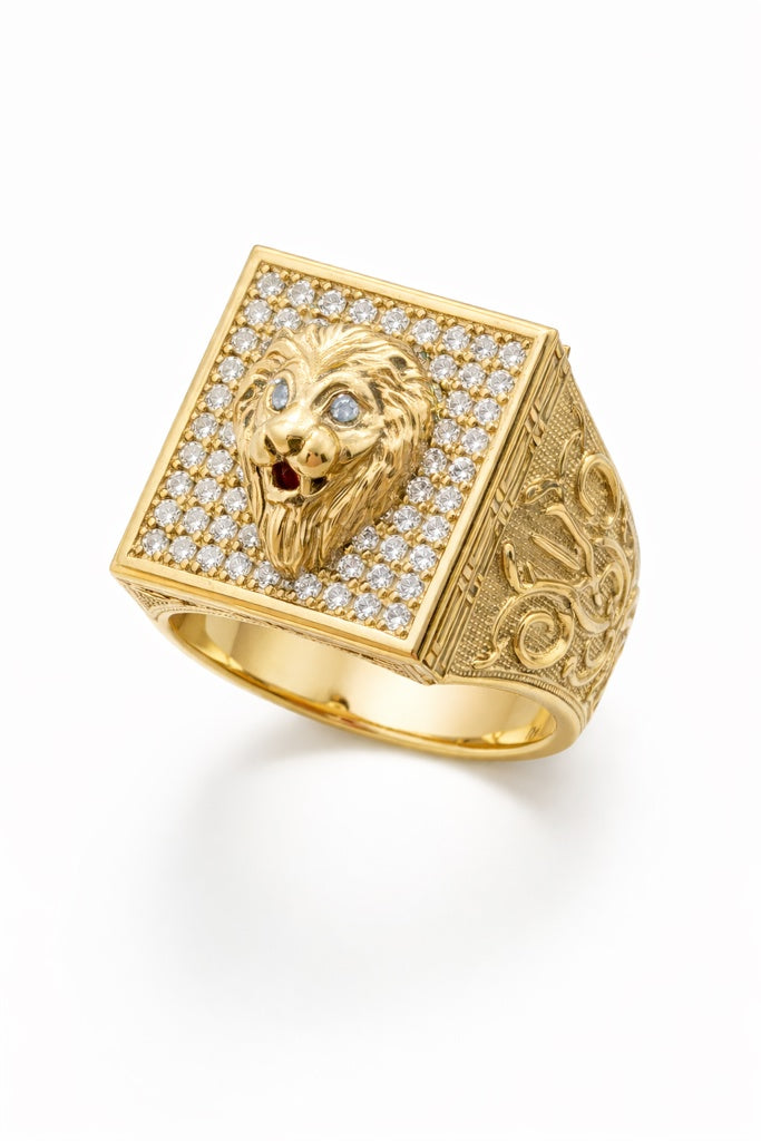 10KT ELEGANT CZ SQUARE LION RING Size 11 Weight 8.8GR
