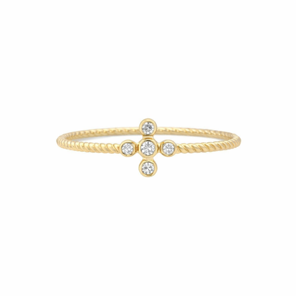 14KT MODERN CROSS RING WITH CZ DETAILS SIZE 7 Weight 1.2GR