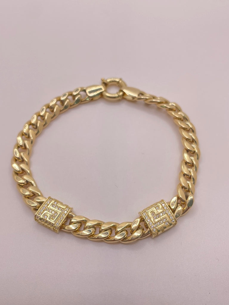 10KT CUBAN LINK BRACELET WITH GREEK DETAIL 6.5MM