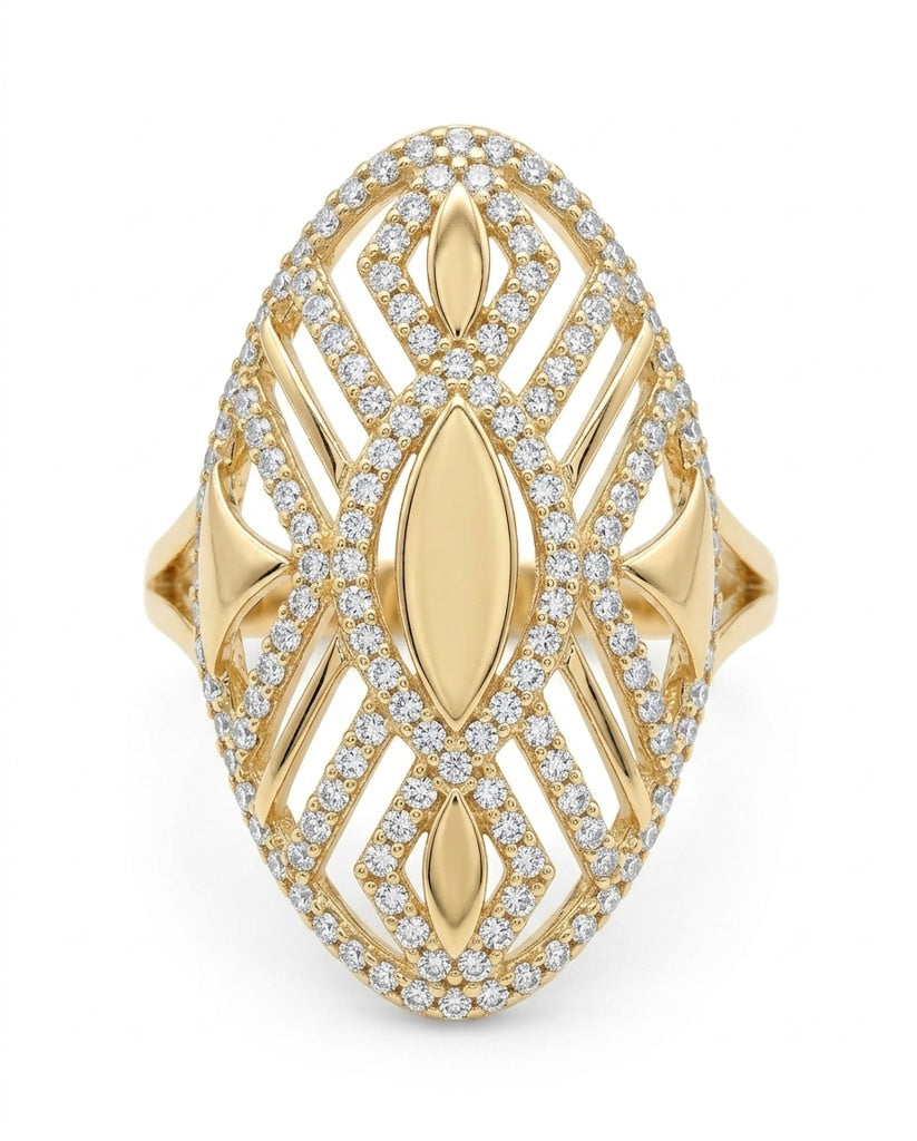 14KT OVAL ALMOND RING WITH CZ DETAILS Size 8 Weight 3.7GR