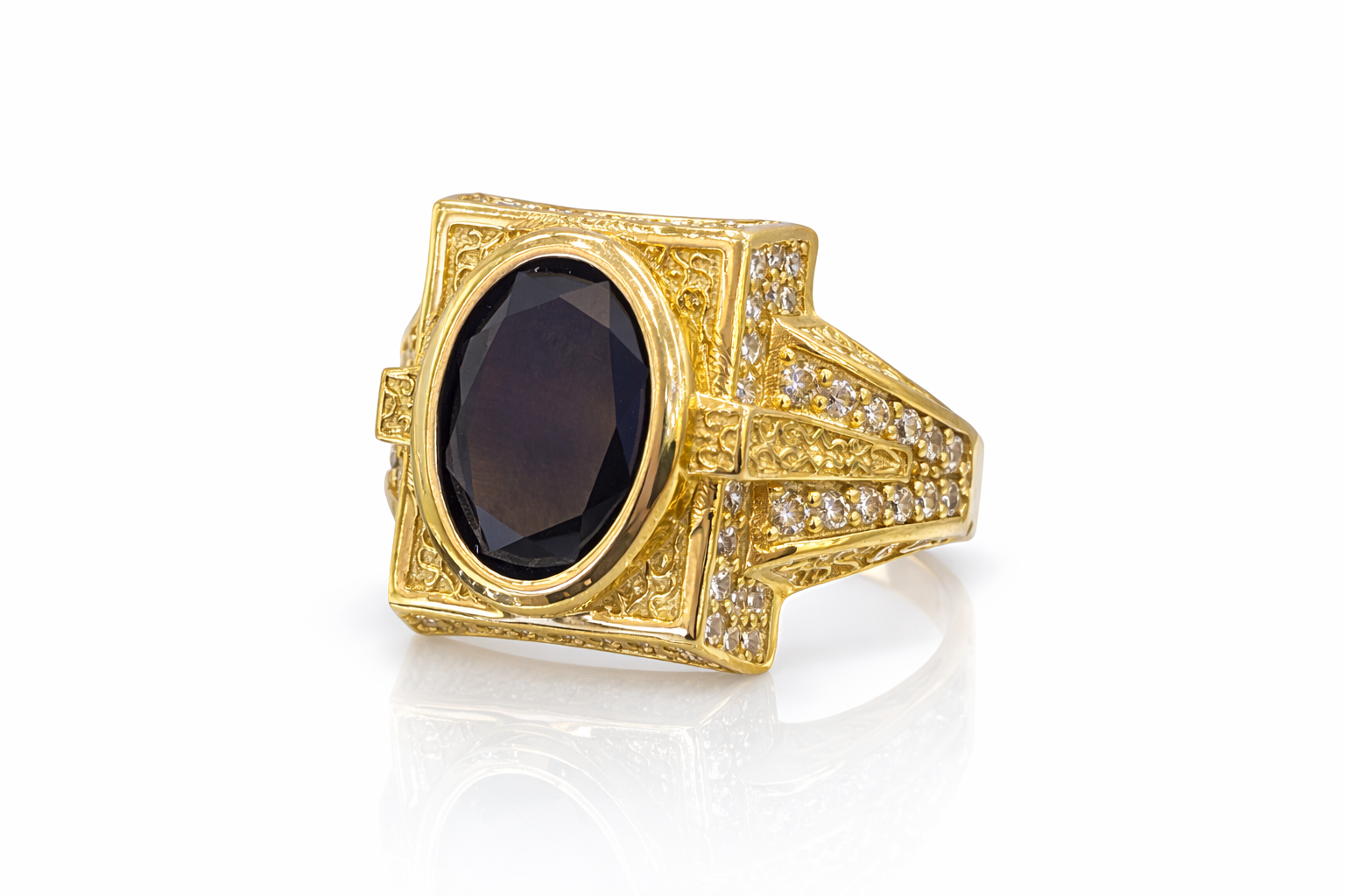 14KT ELEGANT SQUARE SHAPE BLACK OVAL STONE RING Size 10 Weight 7.4GR