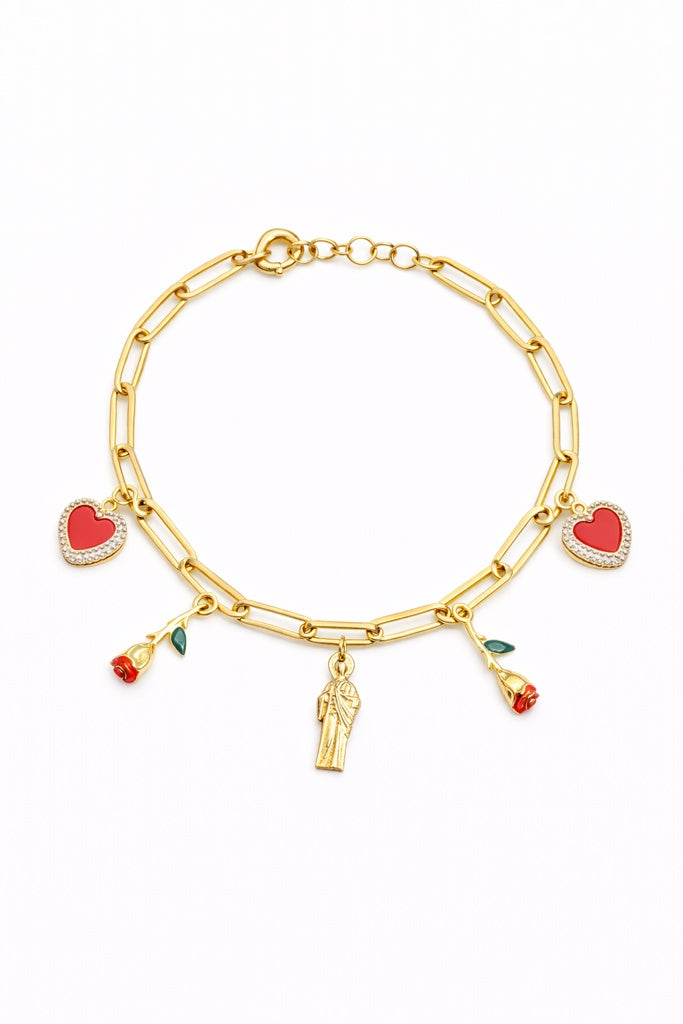 10KT  ROSES-HEART-SAN JUDAS DANGLING PAPER CLIP BRACELET Size 7-7.5INCH  Weigth 4.9GR