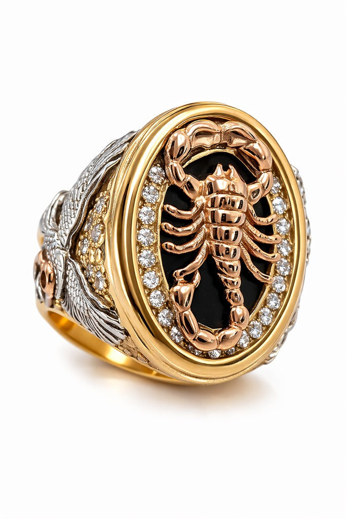 14KT BLACK BACKGROUND SCORPION TWO TONE RING Size 9.5/11 Weigth 8.8GR