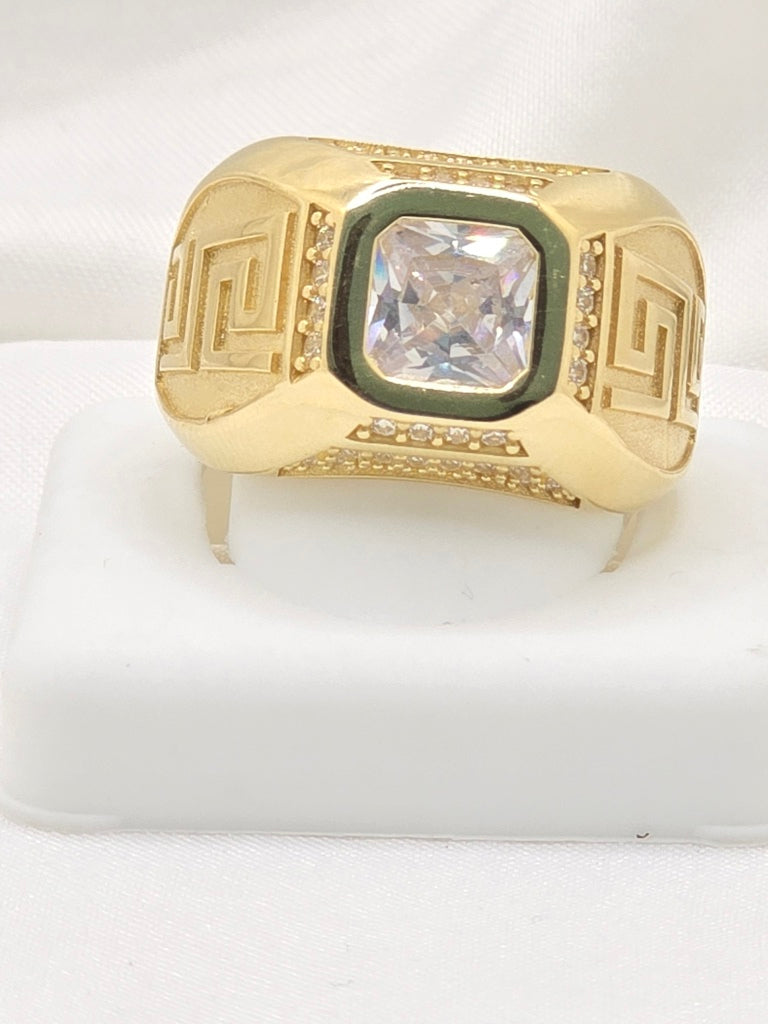 14KT SOLID GREEK DESIGN SQUARE WHITE STONE MAN'S RING Size 12.5 Weight 10.5GR