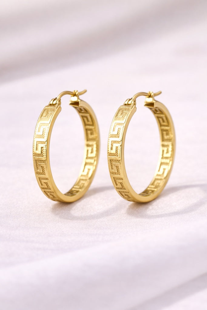 10KT MODERN GREEK DESIGN STRAIGH EDGE HOOPS EARRINGS Size 3 Weigth 3GR