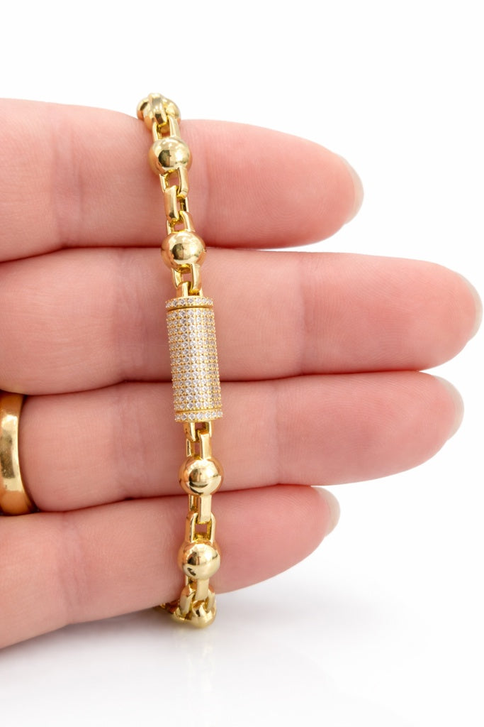 10KT MODERN PAPER CLIP-BEADS BRACELET Size 8 6MM Weigth 7.2GR