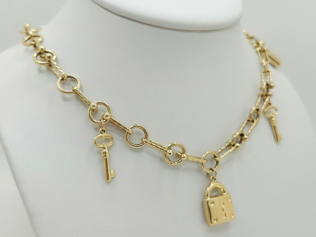10KT PAPER CLIP CHAIN WITH KEYS AND PADLOCK CHARMS  Size 18INCH Weight 13.3GR