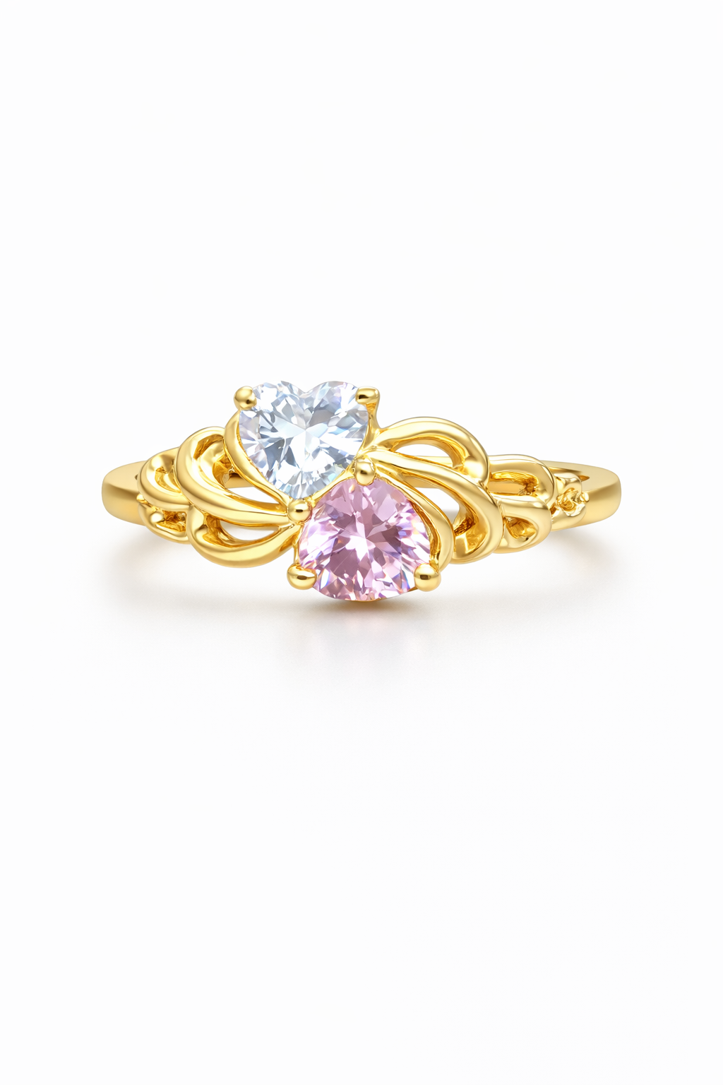 14KT PINK AND WHITE STONE HEARTS RING Size 7.5 Weigth 2.9GR