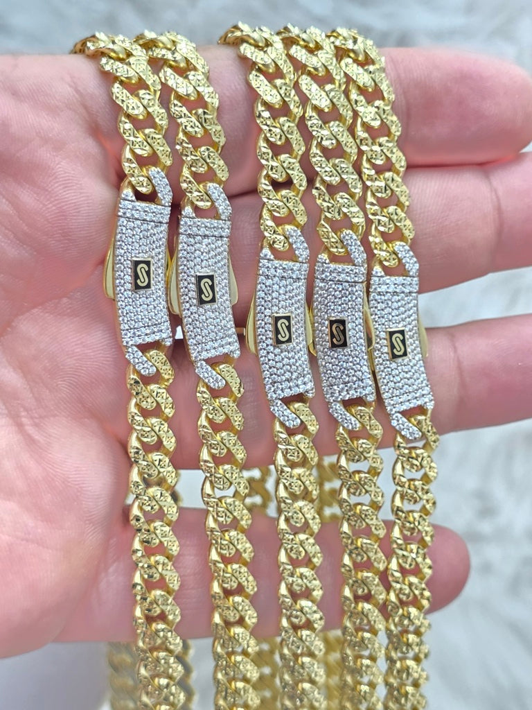 10KT DIAMOND CUT CERTIFIED CZ LOCK MONACO CHAIN 8MM 22.3GR