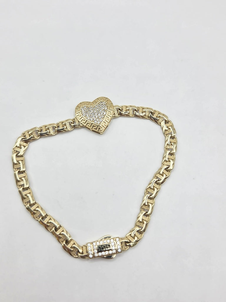 10KT CHINO LINK STYLE GREEK FRAME MEDIUM HEART BRACELET Size 7.5INCH 5MM Weigth 8.5GR