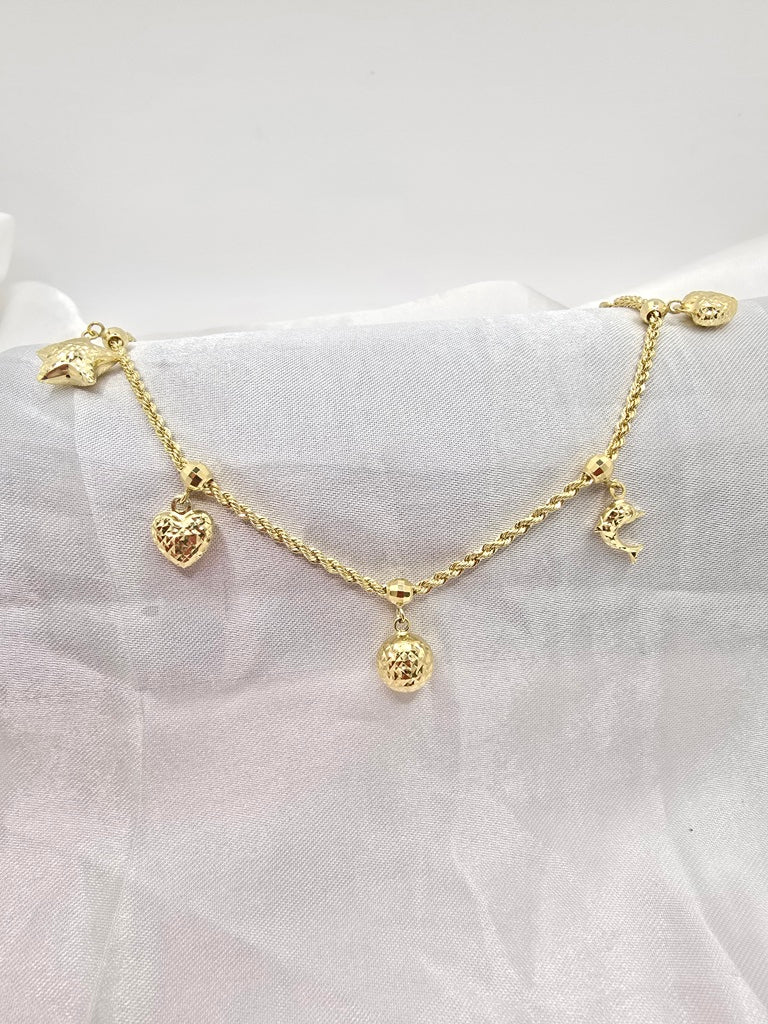 10KT STAR DOLPHIN BALL AND HEART ROPE BRACELET Size 7INCH Weight 3.4GR