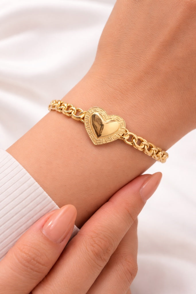 14KT SMALL HEART GREEK DESIGN FRAME CHINO LINK STYLE BRACELET Size 8INCH 5MM Weight 9.5GR