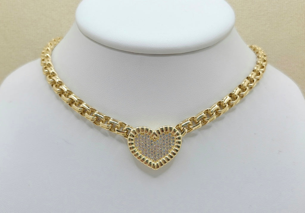 10KT CHINO LINK CZ HEART NECKLACE Size 16INCH 6MM Weight 29.1GR