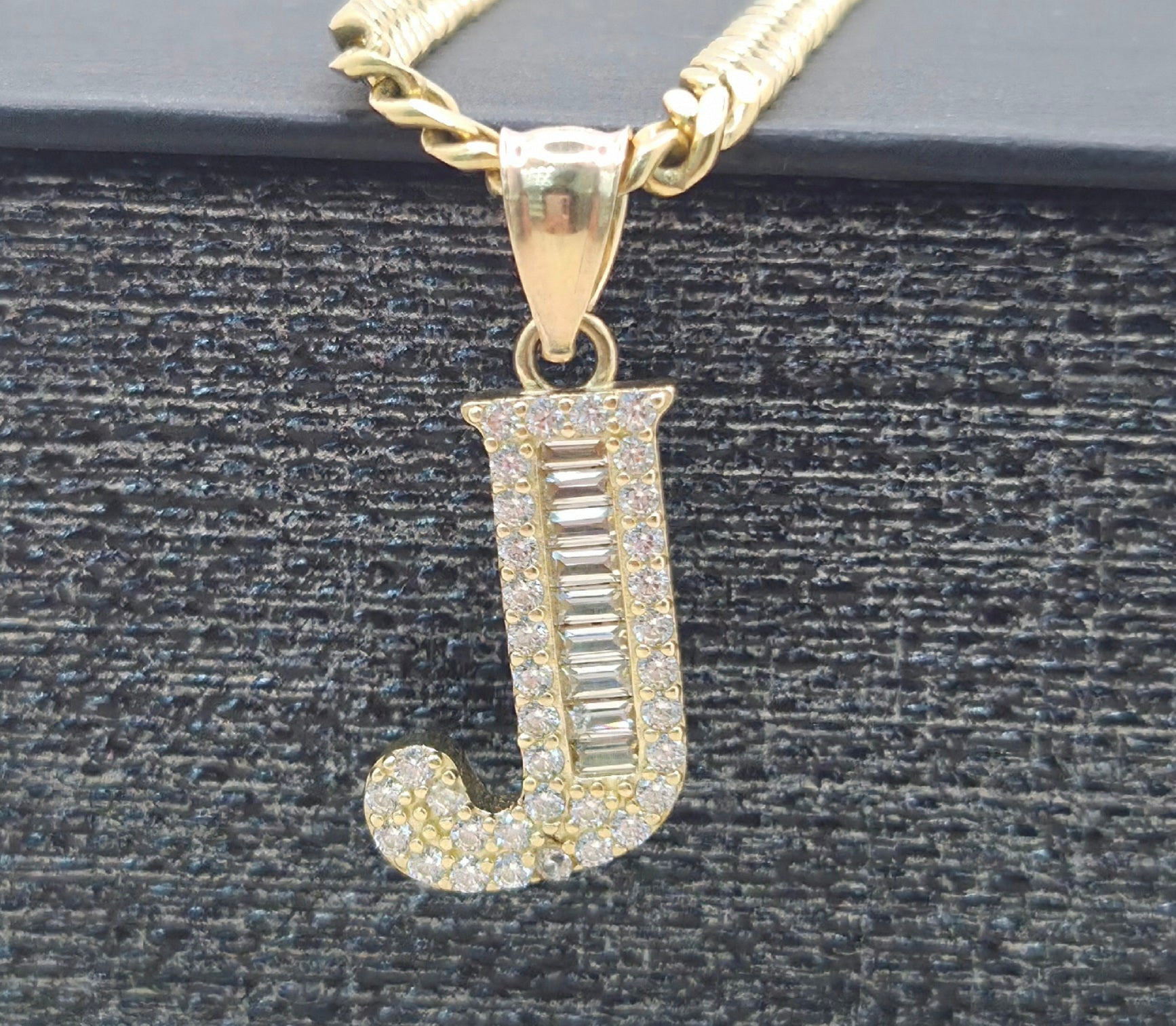 14KT cz letter J pendant Size 11.5x17.7mm Weight 2.1 grs