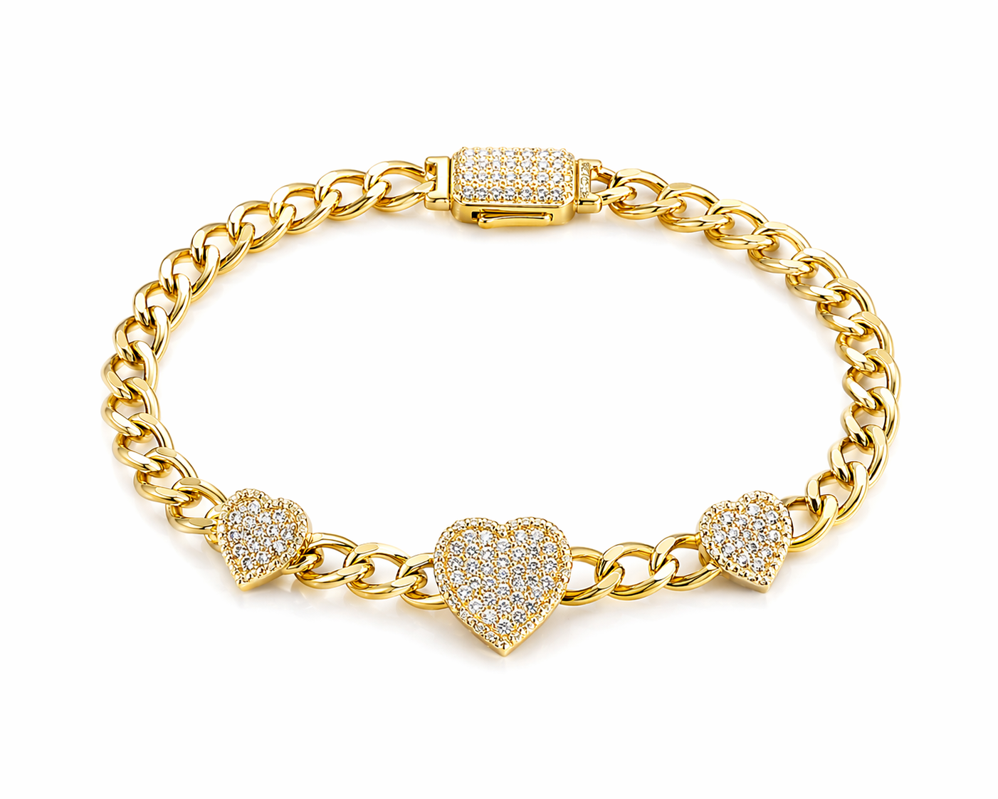 14KT TRHEE CZ SMALL HEARTS MONACO STYLE BRACELET Size 7.5INCH 5MM Weigth 7.1GR
