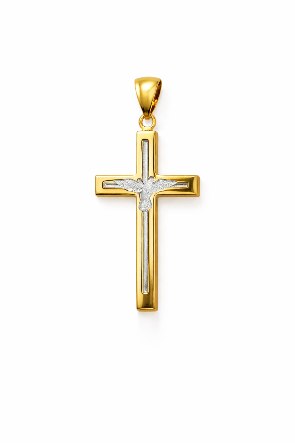 14KT YELLOW GOLD CROSS PENDANT WITH WHITE GOLD DOVE DESIGN INSIDE Weigth 1.2GR