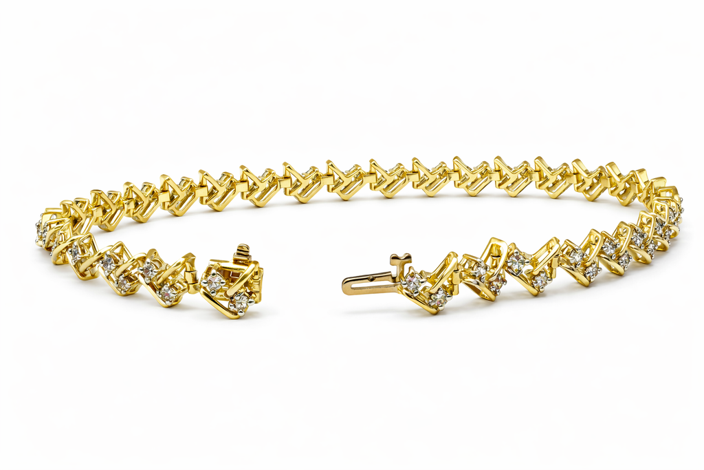 14KT YELLOW GOLD ROUND DIAMONDS ZIGSAG BRACELET Size 8MM 7INCH Weight 14.3 GRS