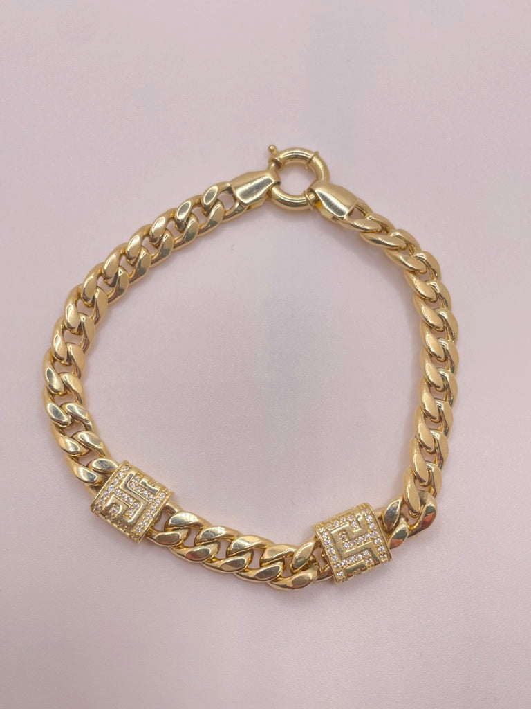 10KT CUBAN LINK BRACELET WITH GREEK DETAIL 6.5MM