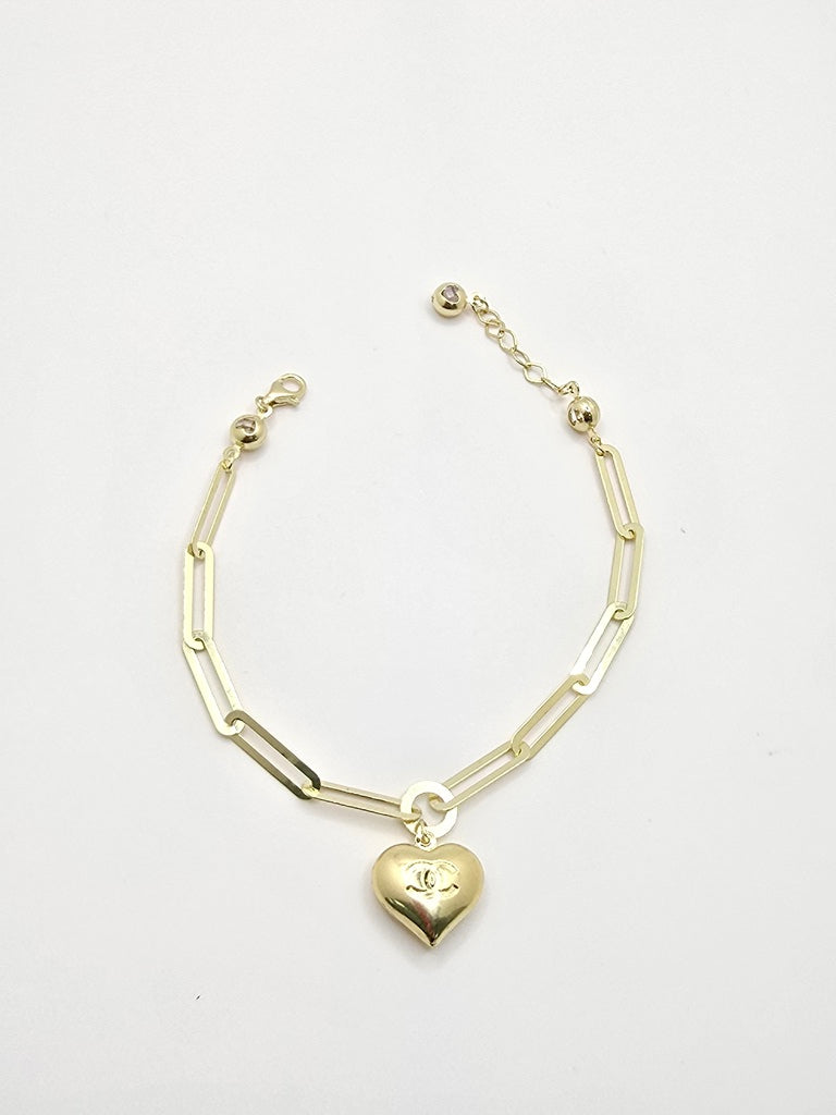 10KT HEART PENDANT PAPER CLIP BRACELET Size 7INCH 5MM Weight 4.5GR