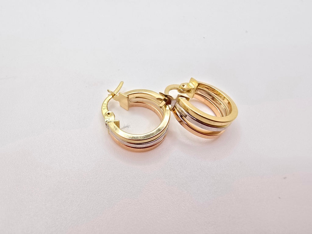 14KT SMALL ROUND THREE TONE TRIPLE HOOPS EARRINGS Weight 1.9GR