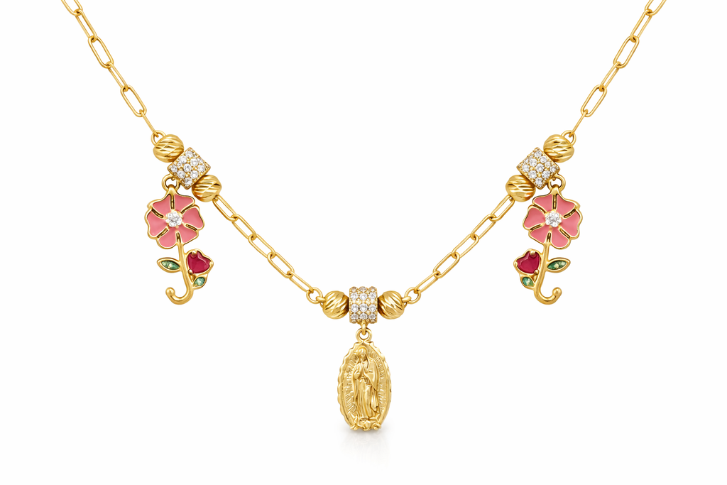 10KT TWO PINK FLOWERS AND VIRGIN MARY DANGLING BRACELET Size 7-7.5INCH  Weigth 5.7GR