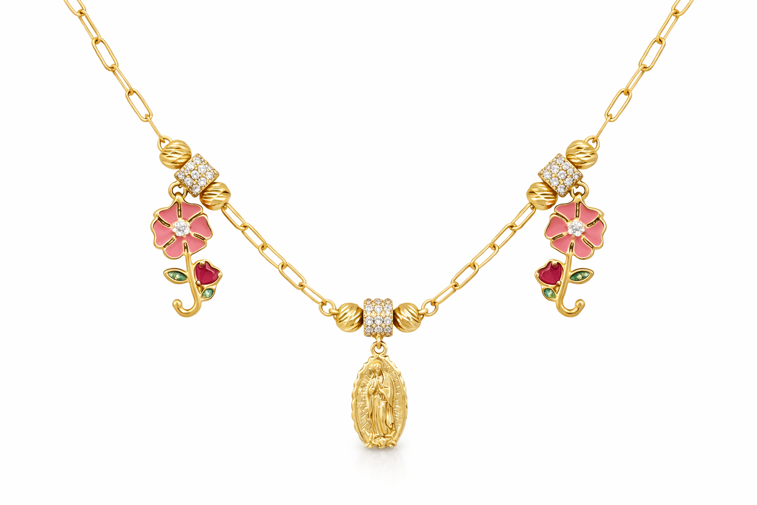 10KT TWO PINK FLOWERS AND VIRGIN MARY DANGLING BRACELET Size 7-7.5INCH  Weigth 5.7GR