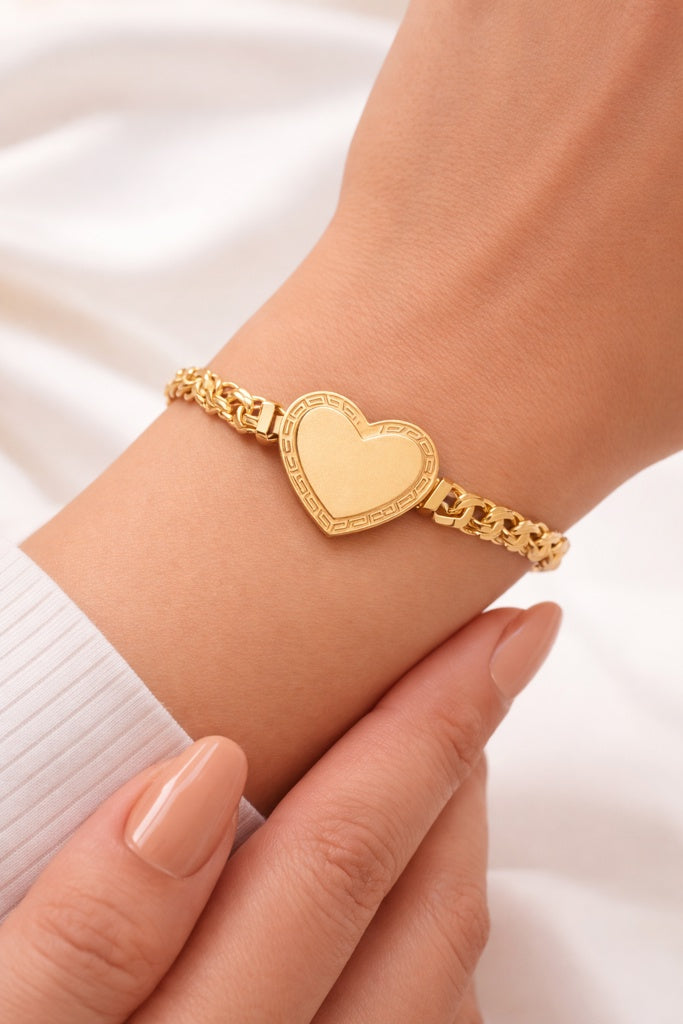 14KT BIG HEART GREEK FRAME CHINO LINK BRACELET Size 7.5INCH 8MM Weigth 20.2GR