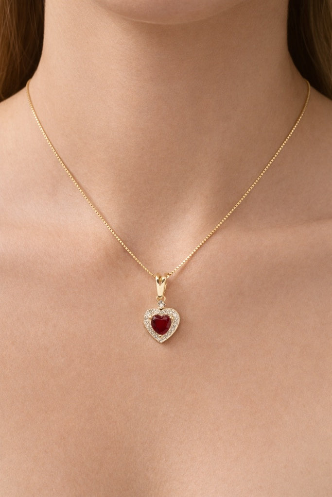 14KT NATURAL DIAMOND AROUND HEART LAB RUBI PENDANT Size 0.68CT/0.82GM