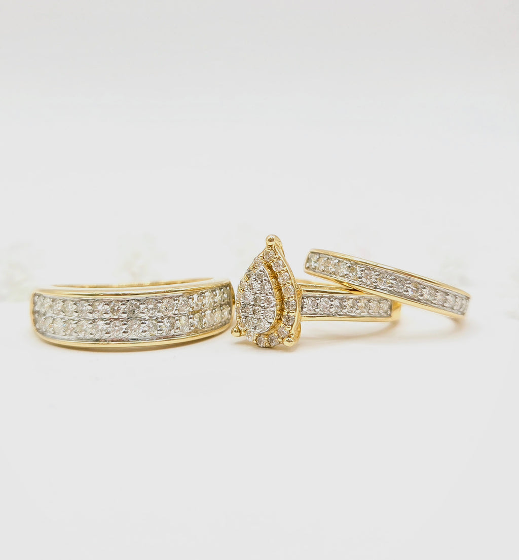 14KT ELEGANT PEAR AND CLASSIC TRIO WEDDING NATURAL DIAMOND RING Size W-8 M-10