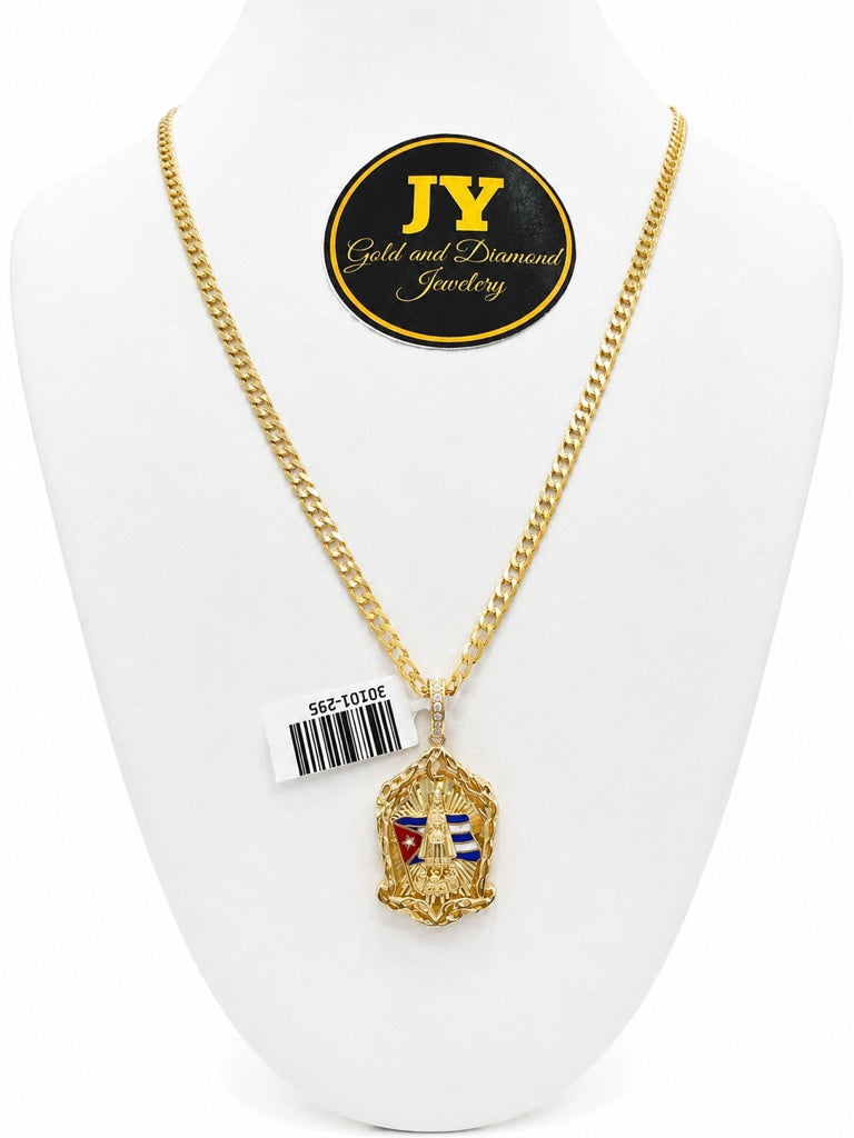 10K CHAIN SOLID CURB FLAT 4mm, 18-Inch, with Medium Virgen de la Caridad Pendant