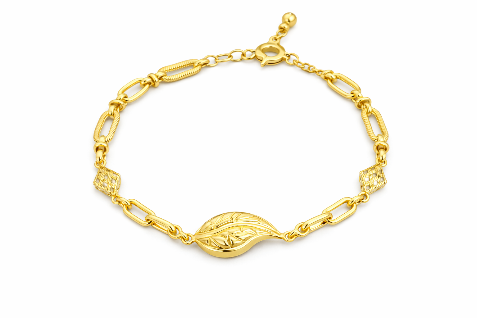 14KT DELICATE BRACELET WITH LEAF AND RHOMBUS Size 8INCH Weight 6.8GR