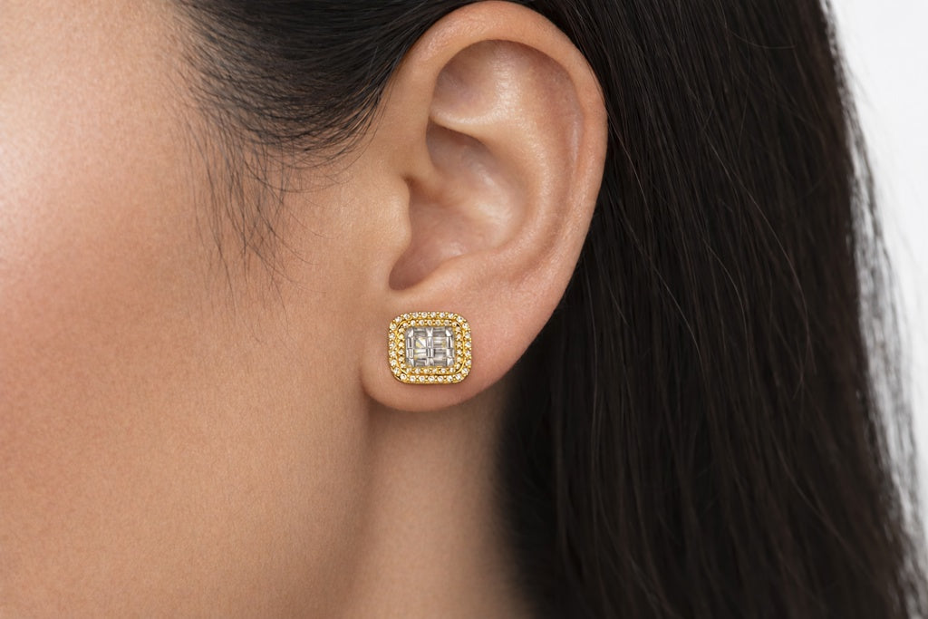 14KT ELEGANT SQUARE NATURAL DIAMOND EARRINGS TWO TONE DETAIL