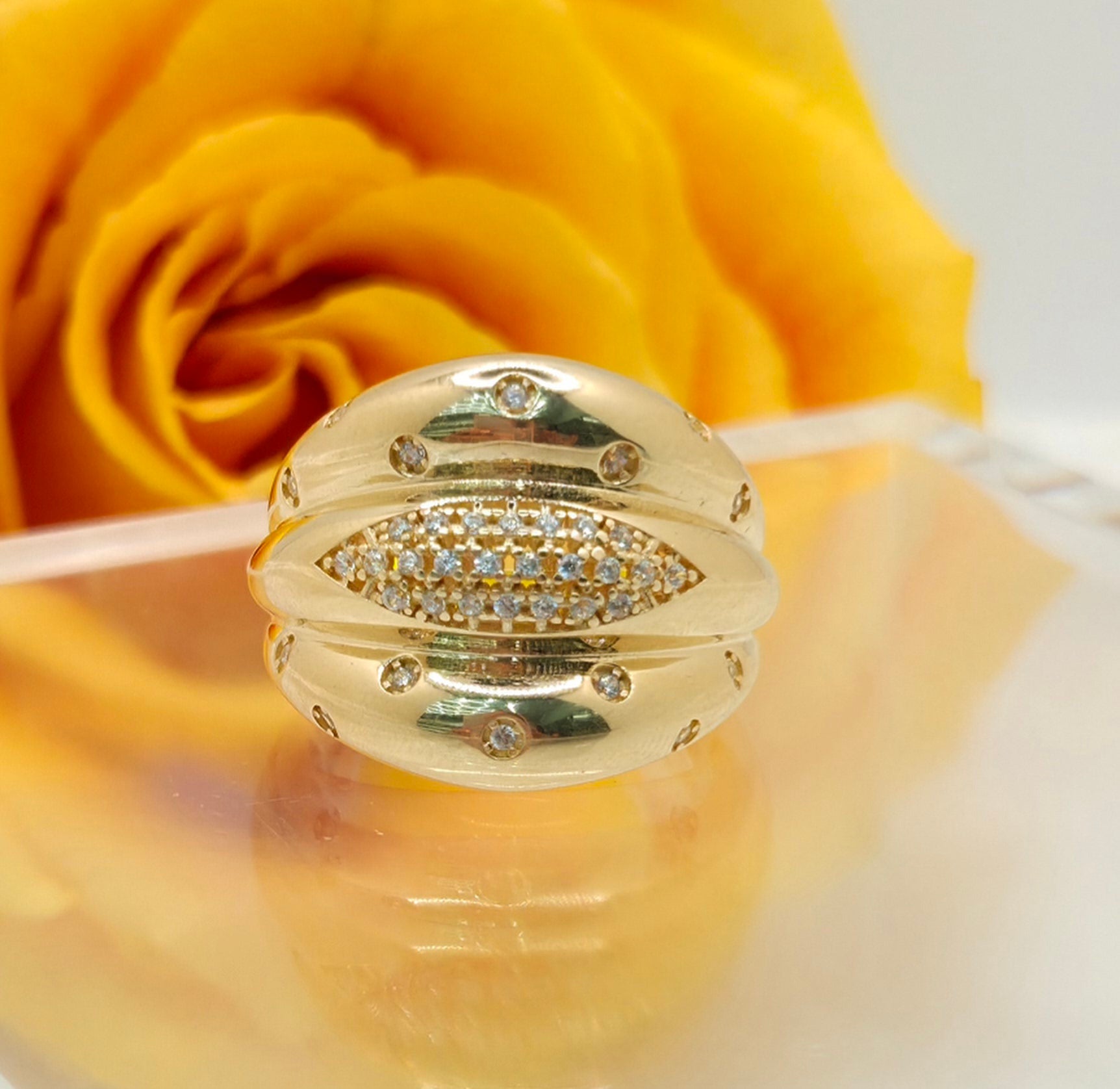14KT ELEGANT THREE ROW CZ DETAIL WOMEN'S RING Size 7 Weight 4.2GR