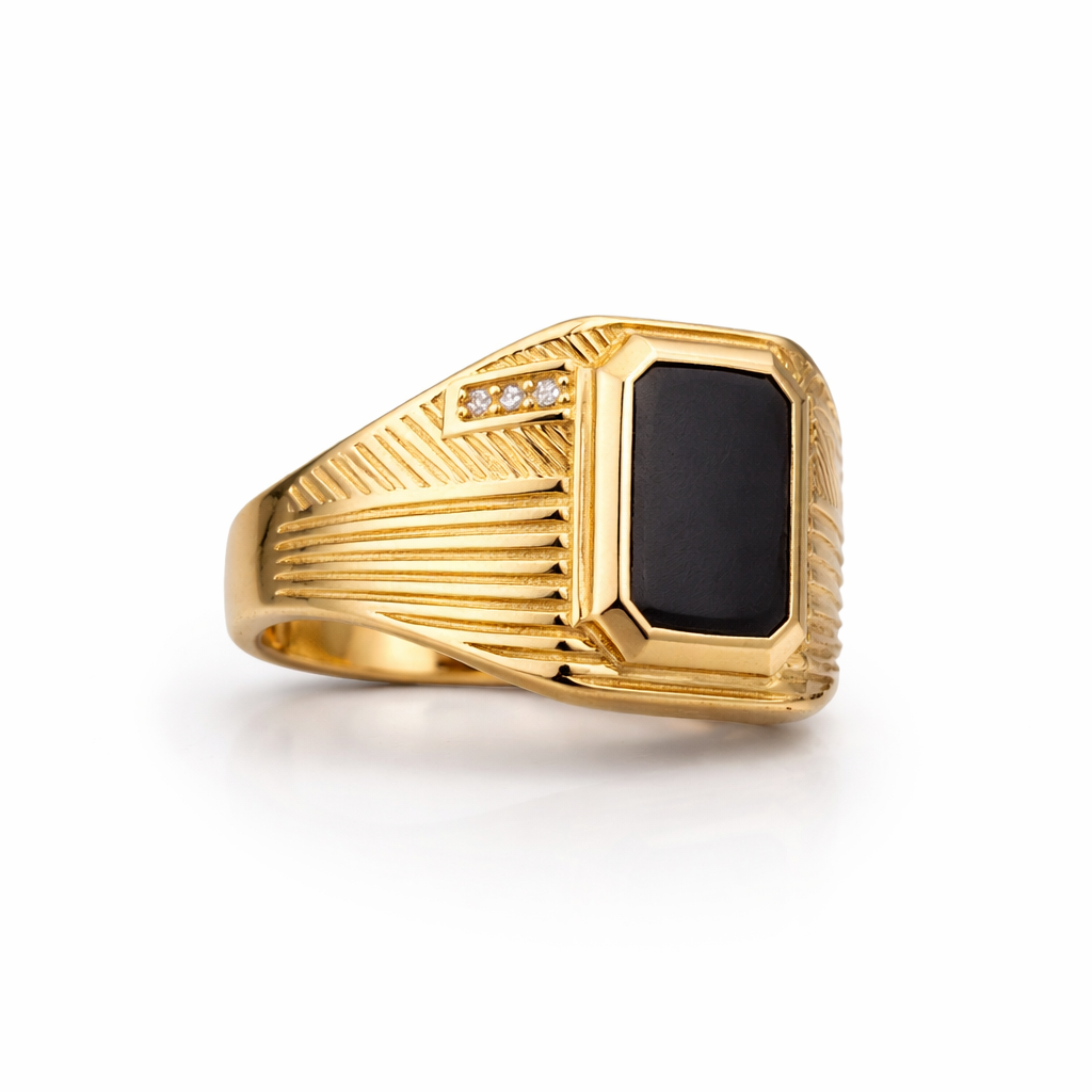 14KT MAN GEOMETRIC RING, WITH LARGE DARK CZ Size 10 Weight 8.3GR