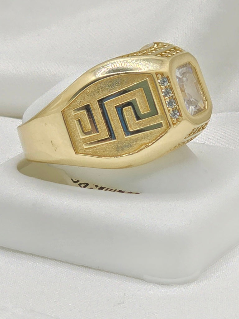 14KT SOLID GREEK DESIGN SQUARE WHITE STONE MAN'S RING Size 12.5 Weight 10.5GR