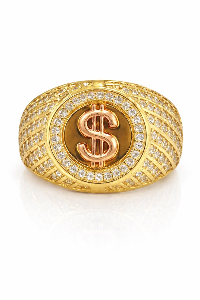 14KT CIRCULAR RING WITH A MONEY SIGN AND DETAILS OF CZ Size 12.5 Weight 9GR