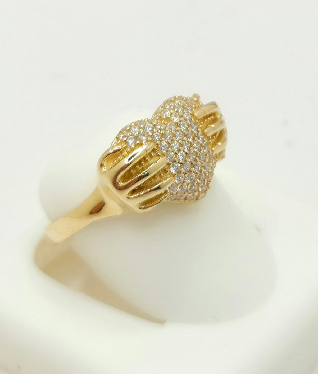 14KT CZ HEART WITH HAND RING Size 8 Weight 3.6GR