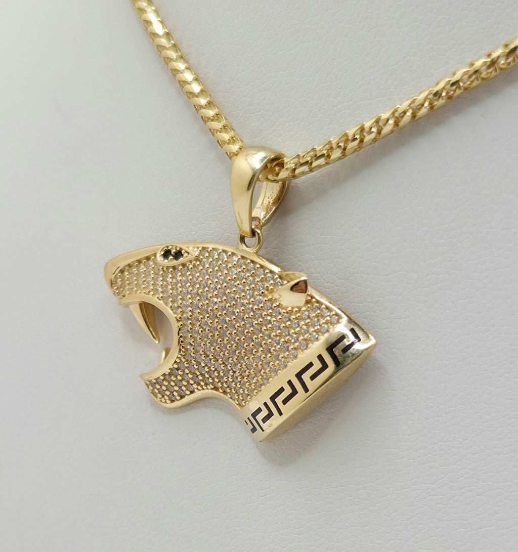 14KT CZ GREEK DETAIL TIGER FACE PENDANT Weight 4.6GR