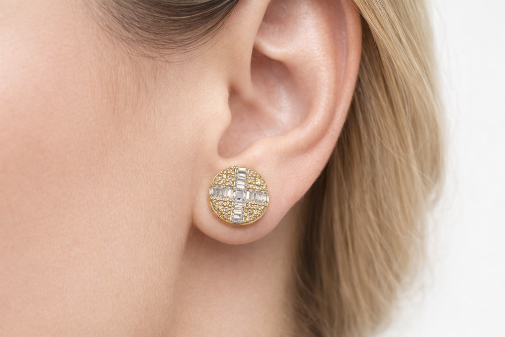 14KT ROUND CROSS DESIGN ROUND NATURAL DIAMOND EARRING