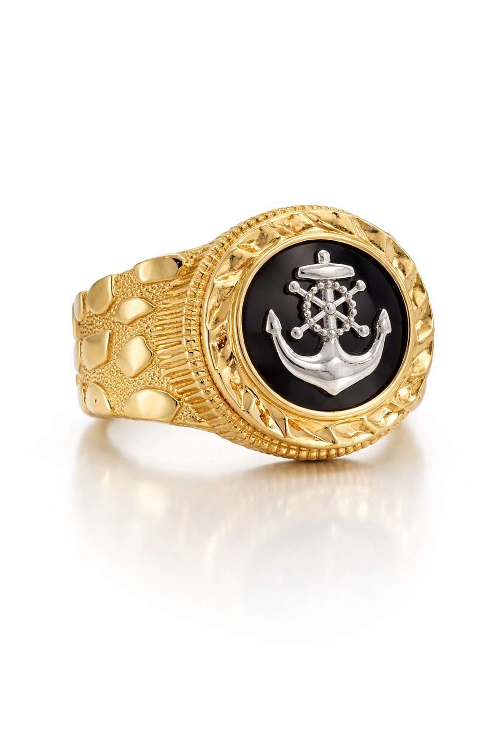 10KT NUGGETS DETAILS BLACK BACKGROUND ANCHOR RING Size 10 Weigth 3.5GR