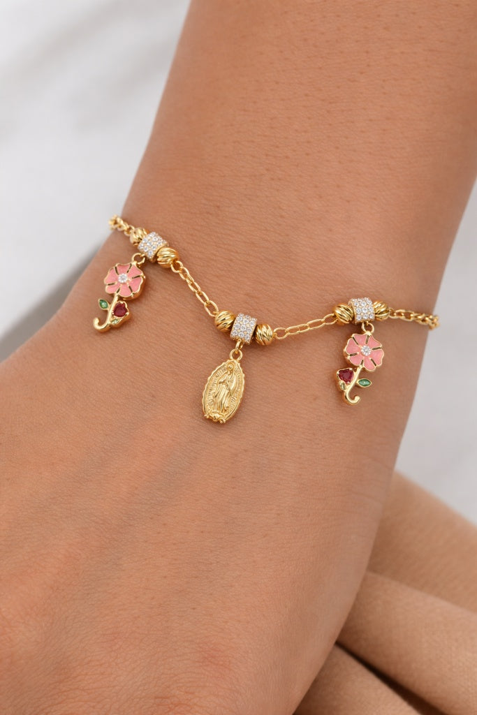 10KT TWO PINK FLOWERS AND VIRGIN MARY DANGLING BRACELET Size 7-7.5INCH  Weigth 5.7GR