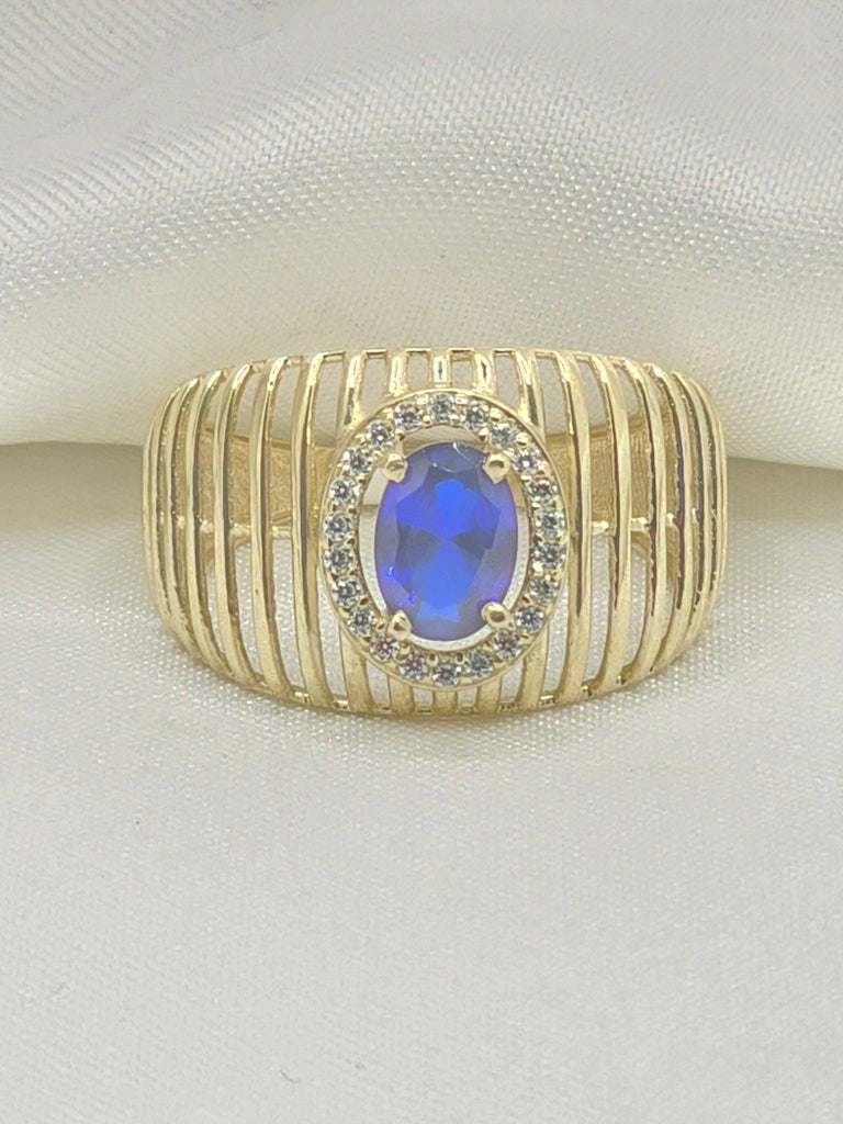14KT DELICATE BAR DESIGN BACKGROUND STRONG BLUE STONE RING Size 8 Weight 3GR