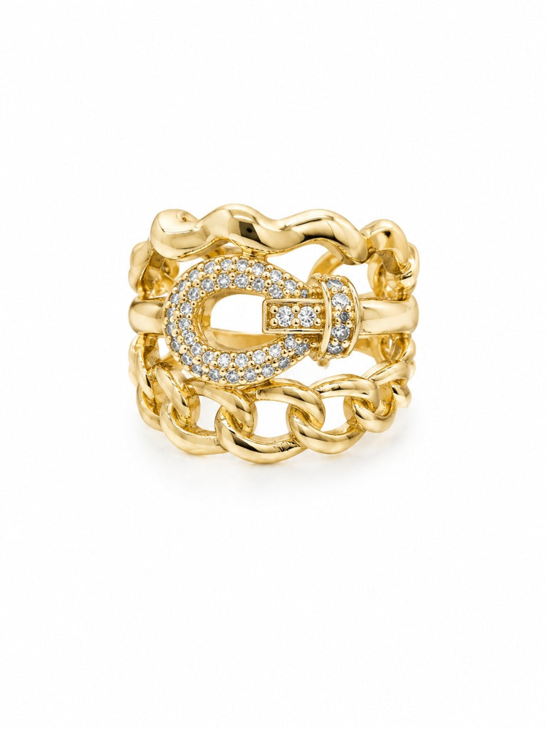 10KT ELEGANT CZ BELT AN CHAIN DESIGN WOMAN'S RING  Size 8-9 Weigth 4.6GR