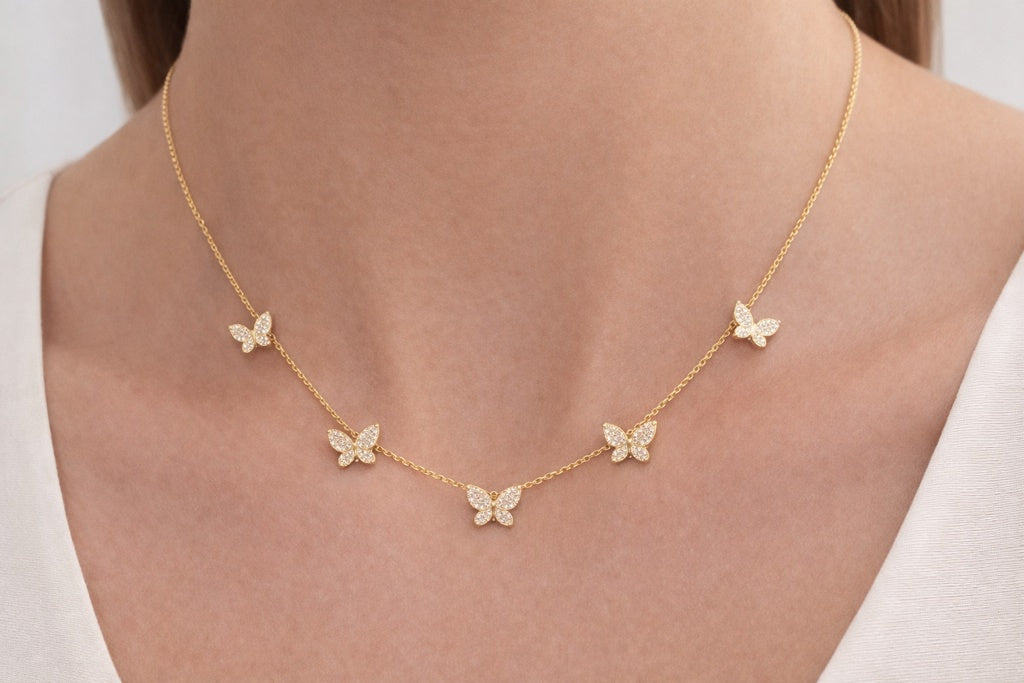 14KT YELLOW GOLD NATURAL DIAMOND 1.15CT FIVE  BUTTERFLYS NECKLACE  18IN 6.57GRS