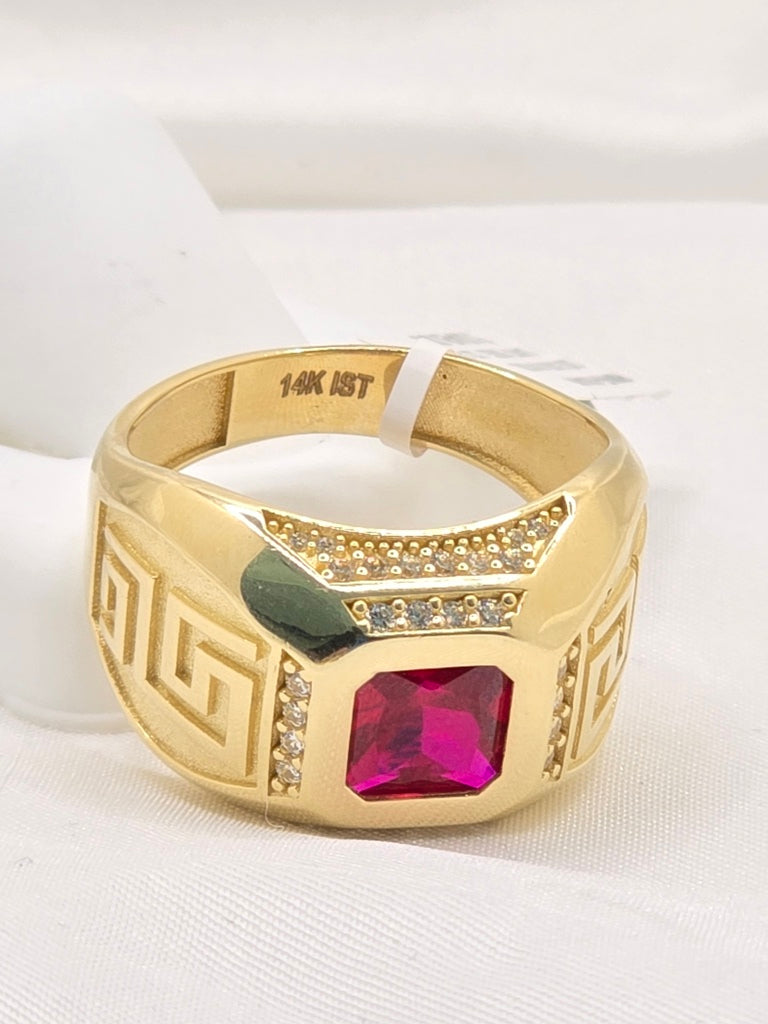 14KT SOLID GREEK DESIGN SQUARE RED STONE MAN'S RING Size 12 & 12.5 Weight 10.5GR