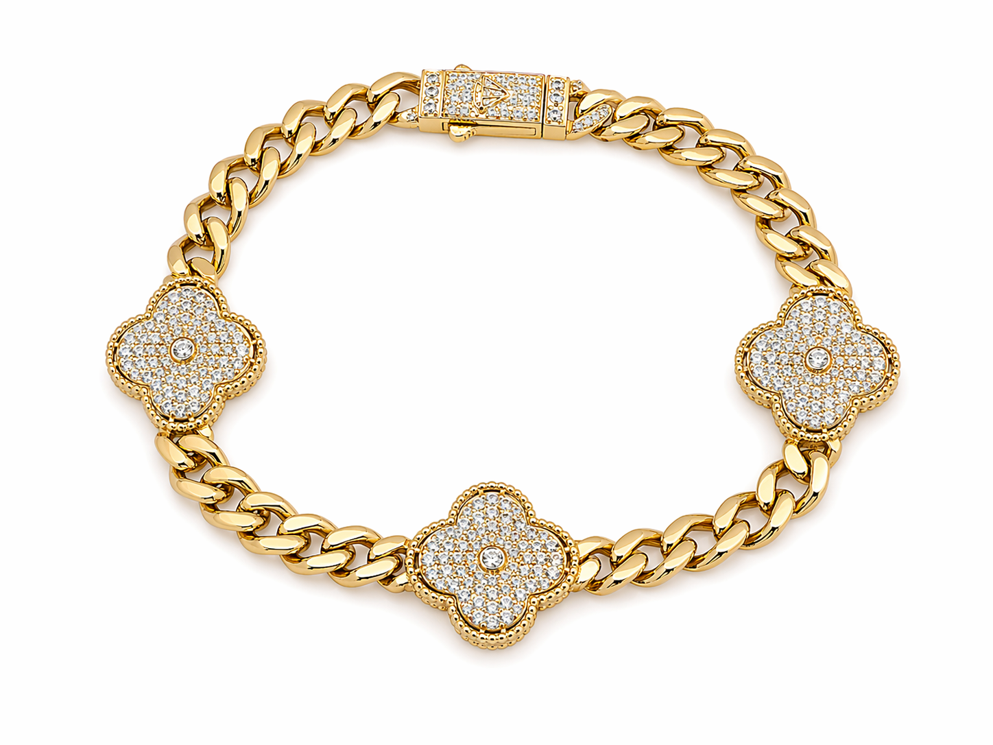 10KT CZ CLOVER MONACO STYLE BRACELET Size 7INCH 6MM Weight 10GR