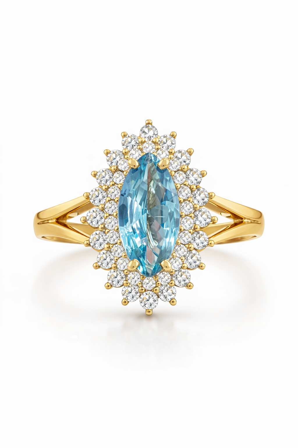 10KT ELEGANT ROUND RING WITH SKY BLUE STONE Size 7 Weight 3.5GR