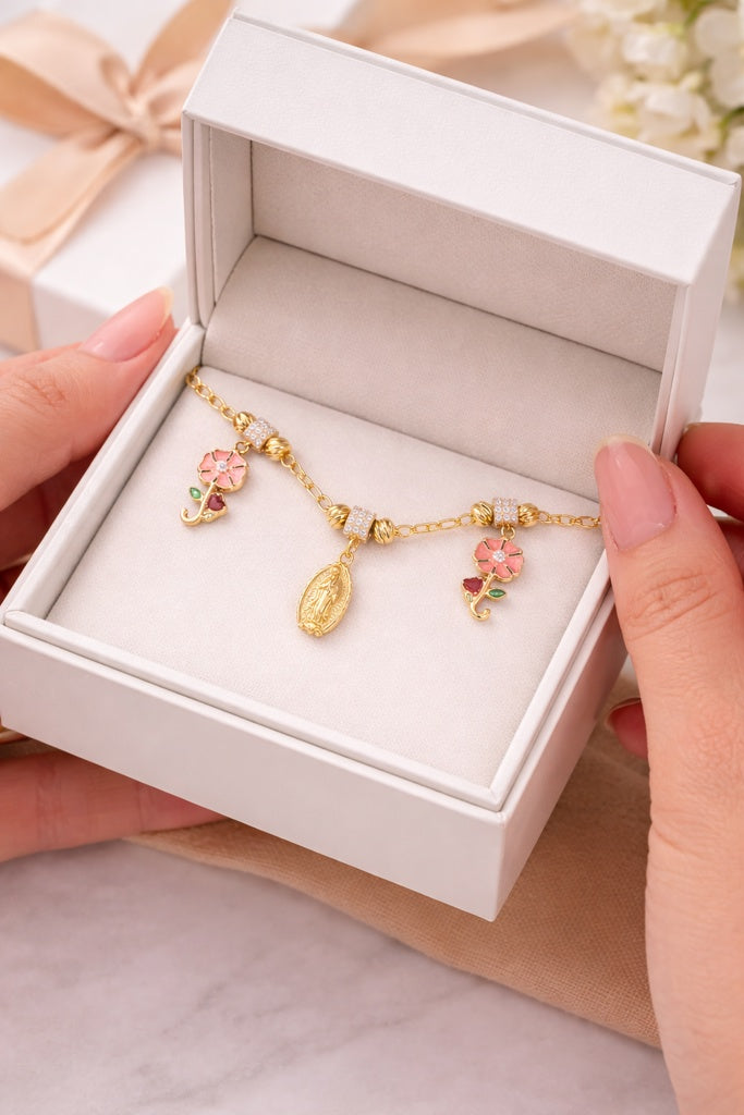 10KT TWO PINK FLOWERS AND VIRGIN MARY DANGLING BRACELET Size 7-7.5INCH  Weigth 5.7GR