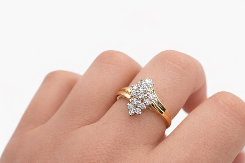 10KT DELICATE ALMOND DESIGN DIAMOND WOMAN'S RING  Size 6.5 Weight 2.6GR