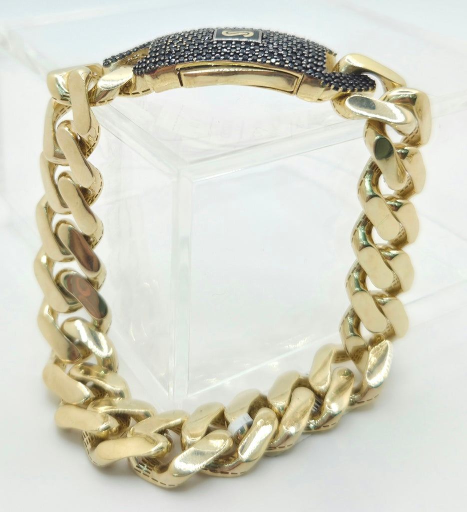 10KT CERTIFIED MONACO BRACELET BLACK CZ CLOSURE Size 8INCH 9.5MM Weight 11.8GR
